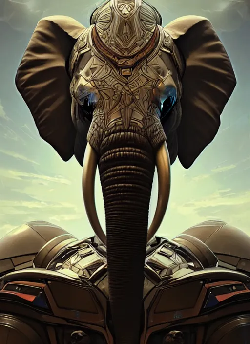 Image similar to symmetry!! portrait an elephant, sci - fi, armour, muscular! cyberpunk, intricate, elegant, highly detailed, digital painting, artstation, concept art, sharp focus, illustration, art by artgerm and greg rutkowski and alphonse mucha