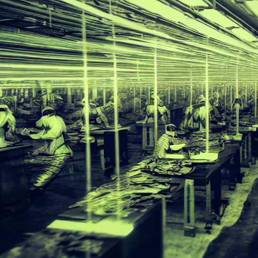 Image similar to evil souls being produced in surreal sweatshop under fluorescent light hell, advanced, photorealistic, realistic, dramatic lighting, fantastic reality, by stefan bakałowicz, 8 k resolution