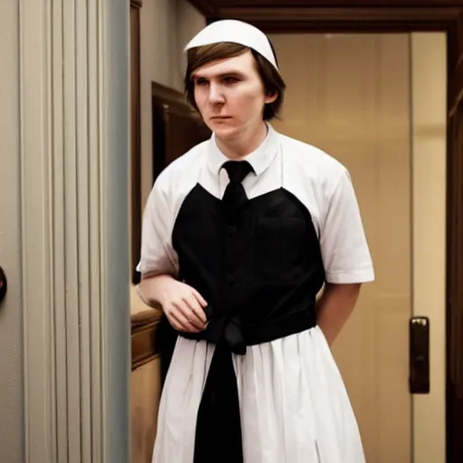 Prompt: Paul Dano in maid outfit