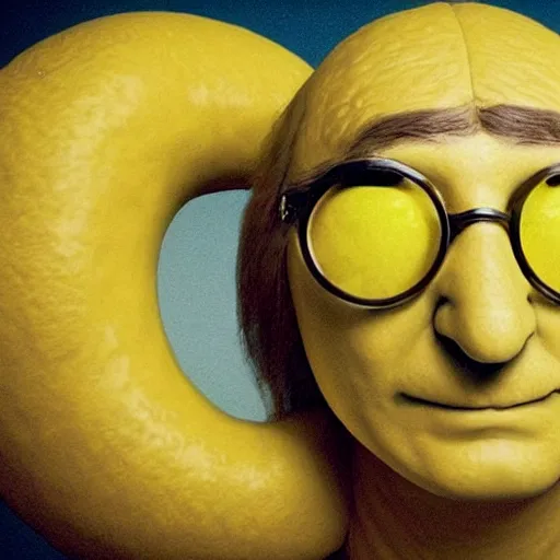 Image similar to john lennon inside a lemon costume, ultra realistic, highly detailed, colorized, 4 k