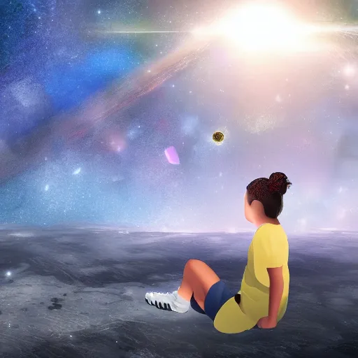 Image similar to a girl watching a meteorite fall from space, very realistic digital art