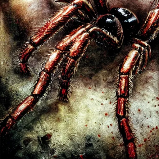 Prompt: a creature from a major horror hollywood movie, giant black widow spider, a picture taken by Michael Komarck and giger, bleeding decaying colors!