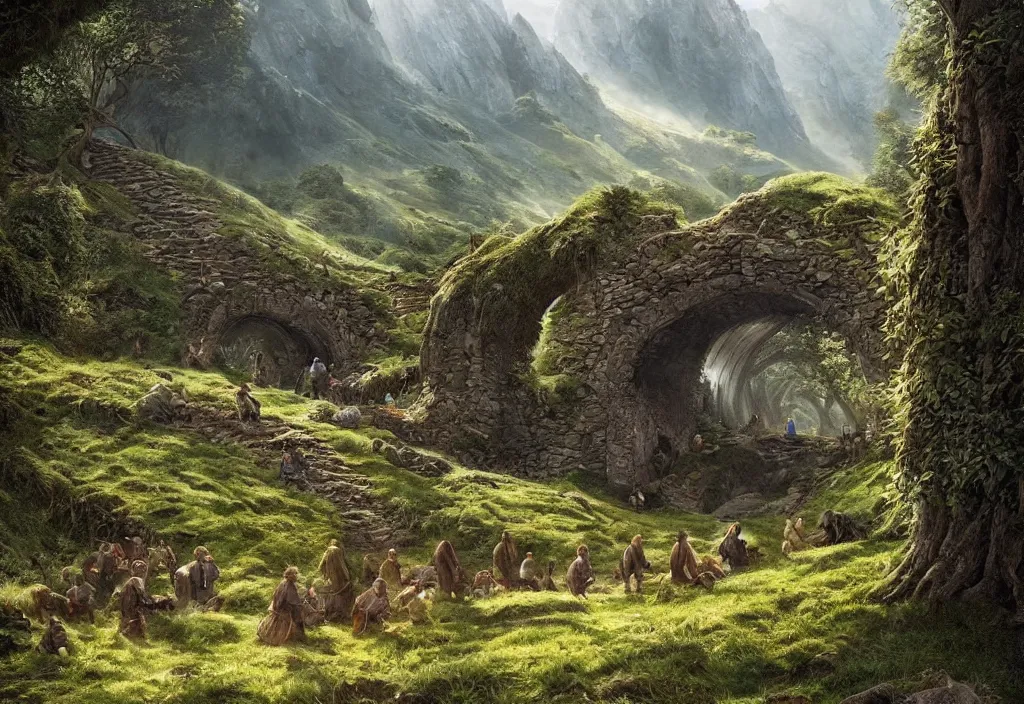 Image similar to hobbits in the shire scenery landscape, lord of the rings, highly detailed, perfect lighting, perfect composition, 4 k, artgerm, derek zabrocki, greg rutkowski