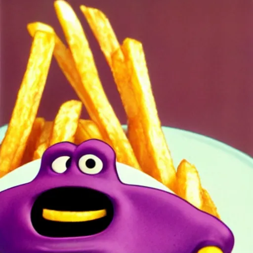 Prompt: real color photograph of grimace violently eating French fries