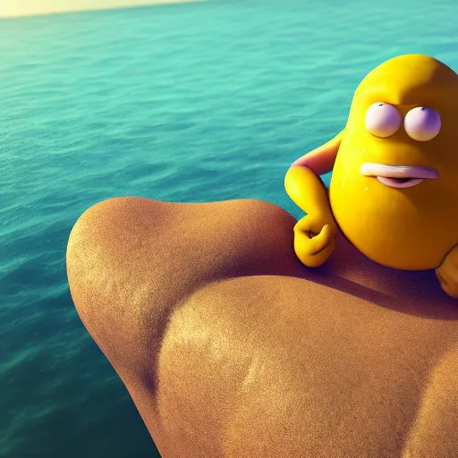 Image similar to a lemon cartoonish character, that is muscular, is relaxing on a beach, inspired by dalle - 2, octane render, 3 d, volumetric lightening