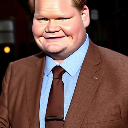 Image similar to Andy Richter is wearing a chocolate brown suit and necktie. He is waking up in his bed on a new bright morning, stretching his arms and his mouth is wide open with a yawn