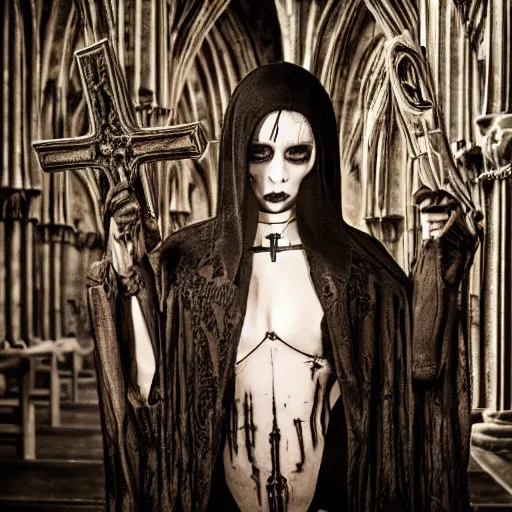 Prompt: a gothic woman in a necro giger church, professional photo shoot photography