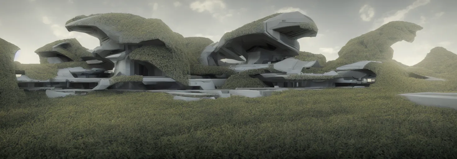 Image similar to a large futuristic house in the middle of a fractal landscape : octane render : unreal engine : 3 d fractal : digital 3 d : concept art : fractal : procedural : landscape