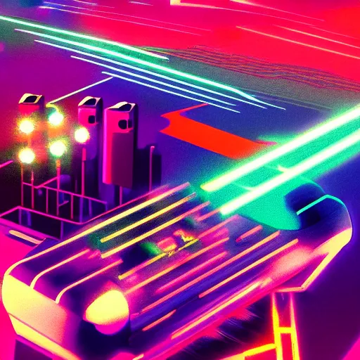 Image similar to retro synthesizers, high tempo, electronic, arcade. outrun will transport you to the 8 0's vision of gridlines, magenta neon, vhs tracking artifacts and speeding deloreans.