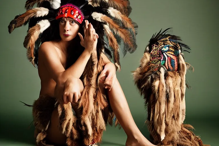 Image similar to a woman in a buffalo headdress sitting on the ground with one leg raised, cosplay, photoshoot, studio lighting, photograph by Bruce Weber