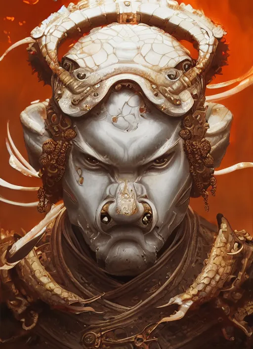 Prompt: subsurface scattering, white, koi, samurai deity with filigree chitin armor, by jesper ejsing, james jean, justin gerard, tomasz alen kopera, cgsociety and fenghua zhong, highly detailed, rim light, cinematic lighting, illustration, art, octane render, very coherent, cinematic, hyper realism, high detail, 8 k