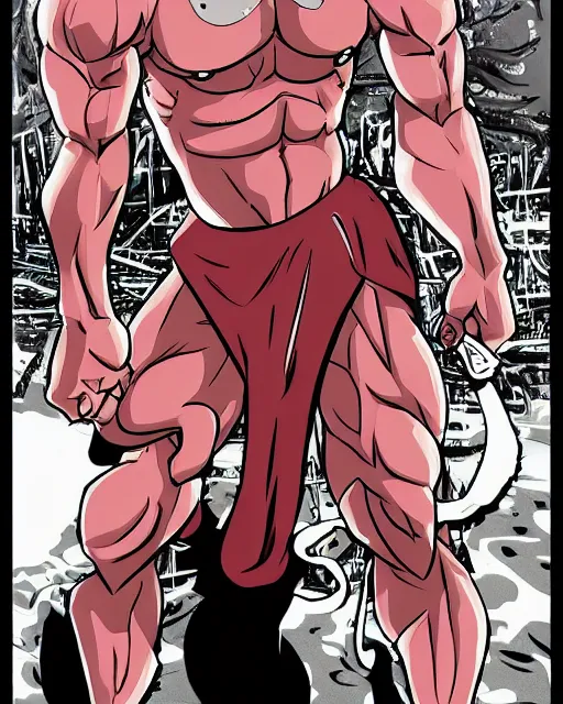 Prompt: Eustace Bagge as a bodybuilder anime villain, drawn by Yusuke Murata, full color, high octane, trending on artstation, digital art