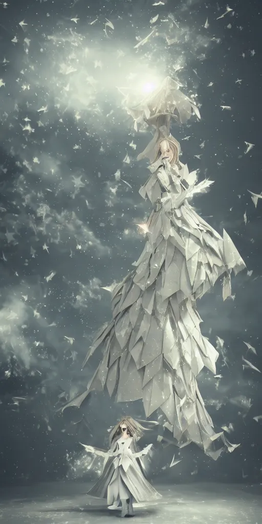 Image similar to background is a stary night sky, castle made of clouds, looking up towards an anthropomorphic space woman wearing a flowing paper couture dress with puffy leggings, paper stars, many origami birds, eery light, 3D, very detailed, octane render, trending ArtStation, artgem