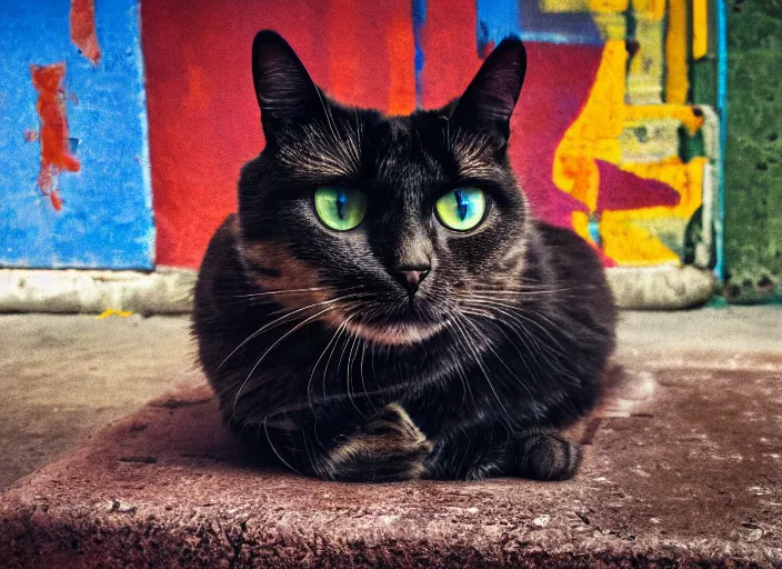 Image similar to photography of a Cat sitting on a box. in a cyberpunk street, award winning photo, saturated, colored, colors, 100mm, sharp, high res