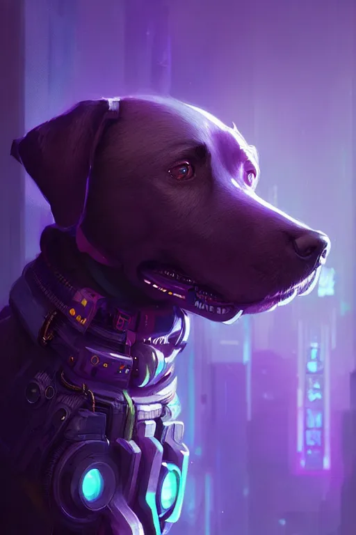 Image similar to a beautiful portrait of a cute cyberpunk dog by greg rutkowski and wlop, purple blue color scheme, high key lighting, volumetric light, digital art, highly detailed, fine detail, intricate, ornate, complex, octane render, unreal engine, photorealistic