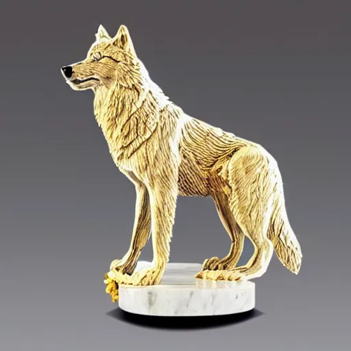 Prompt: gorgeous wolf statue with gold filigree, carved marble