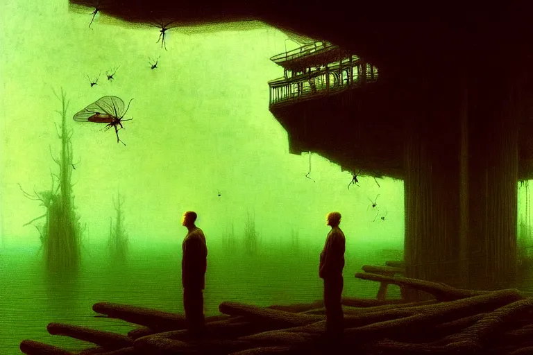 Image similar to man standing on the pier against flyflies and big trees, in the style of beksinski, solarpunk, atmospheric, clean, intricate and epic composition, green by caravaggio, insanely quality, highly detailed, masterpiece, blue light, artstation, 4 k