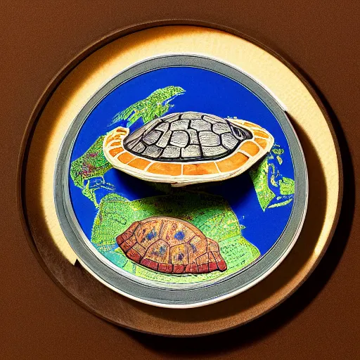 Image similar to a stack of turtles beneath a round disc showing a map of the earth, side view