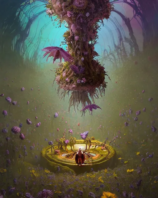 Image similar to the platonic ideal of flowers, rotting, insects and praying of cletus kasady carnage davinci dementor chtulu mandelbulb ponyo alice in wonderland dinotopia watership down botw, fantasy, ego death, decay, dmt, psilocybin, concept art by greg rutkowski and simon stalenhag and alphonse mucha