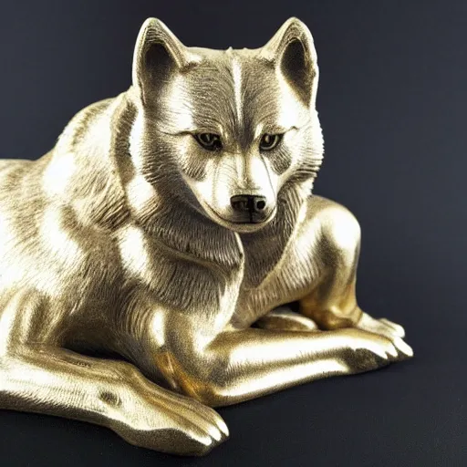 Image similar to gold sculpture of a husky, highly detailed, engraved