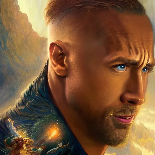 Image similar to Dwayne Johnson and Ryan Gosling Save the World, fantasy, intricate, elegant, highly detailed, digital painting, artstation, concept art, smooth, sharp focus, illustration, art by artgerm and greg rutkowski and alphonse mucha