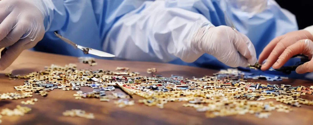 Image similar to a surgeon using a scalpel on a jigsaw puzzle on a table