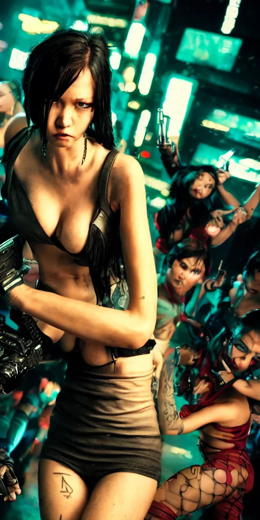 Image similar to epic highly detailed photo portrait of gang girl fight in cyberpunk night adult club, 3 5 mm, guns blasting, low angle, blade runner, akira, cinematic angle, cinematic lighting, reflections, action, battle