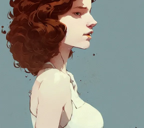 Prompt: portrait woman with short ginger curly hair, by atey ghailan, by greg rutkowski, by greg tocchini, by james gilleard, by joe fenton, by kaethe butcher, by ashley wood, dynamic lighting, gradient light blue, brown, blonde cream and white color scheme, grunge aesthetic