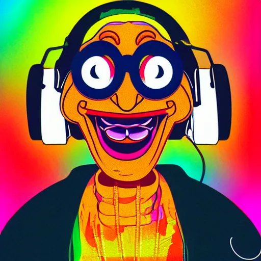 Prompt: artgerm, psychedelic laughing cybertronic muppet - baby, rocking out, headphones dj rave, digital artwork, r. crumb, svg vector