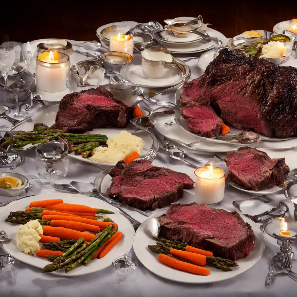 Image similar to product shot of a dinner with prime rib, asparagus, mashed potatoes and gravy, and steamed carrots with blue table cloth and lit candles in ornate silver candlesticks, ultra - realistic, photo realism, professional photograph, extreme detail, deep focus, laser sharp, volumetric lighting, atmospheric, five - star, luxury, elite