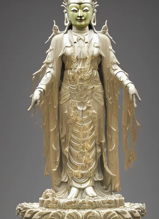 Image similar to a art deco sculpture statue of full body guanyin, intricate complexity,, statue by jane hamilton, ruan jia, character concept, radiant light,, frostbite 3 engine, cryengine, dof, trending on artstation, digital art, fantasy detailed abackground