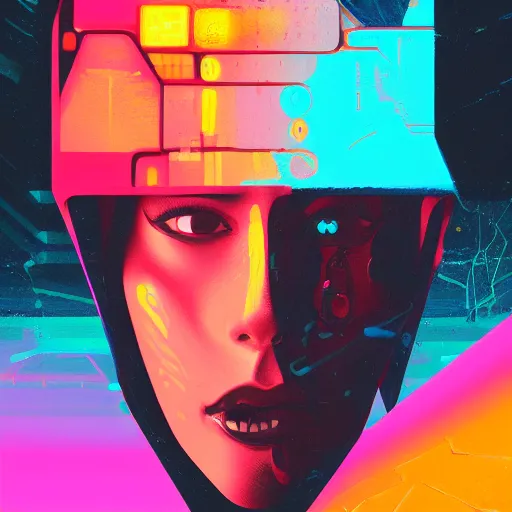 Image similar to a graph - style gouache impasto huge robot head in front of her, cyberpunk art by by james gilleard, cgsociety, retrofuturism, synthwave, retrowave, outrun