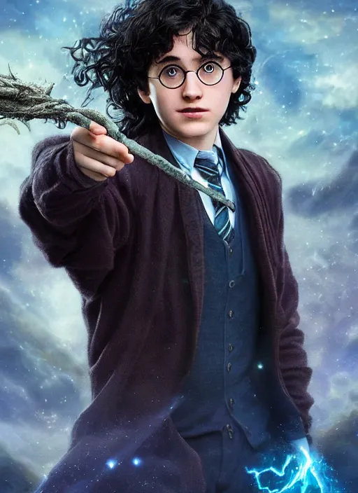Prompt: close - ip shot, character portrait, a seventeen years old male!! ravenclaw wizard with black curly hair, wearing glasses!!! with a mandrake!!!, blue shiny lighting, beautiful fantasy art, film still from new harry potter movie, by by artgerm and hayao miyazaki, trending on artstation