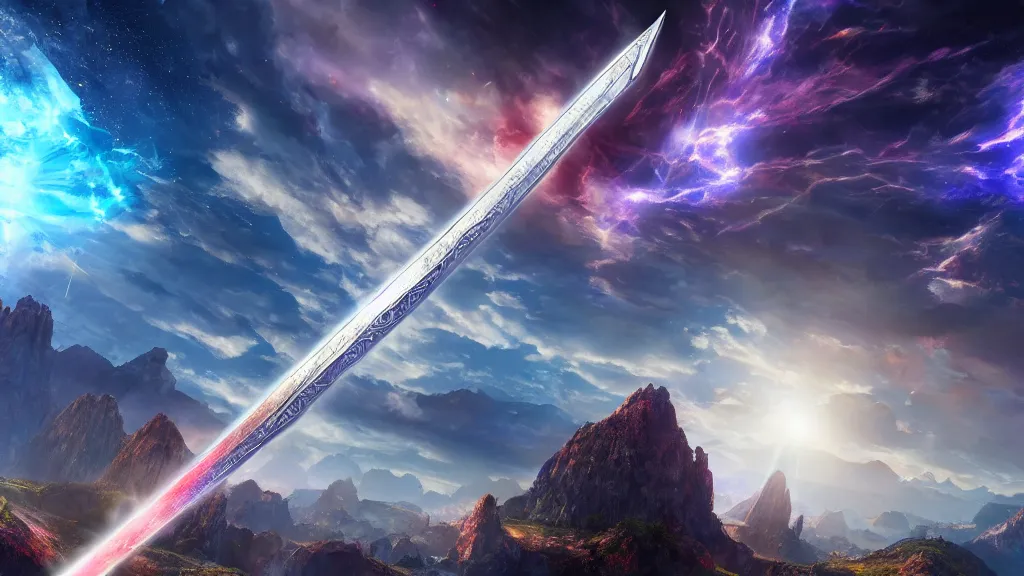 Image similar to a huge divine sword breaks the universe open, hd, hdr, ue 5, ue 6, unreal engine 5, cinematic 4 k wallpaper, 8 k, ultra detailed, high resolution, artstation, award winning