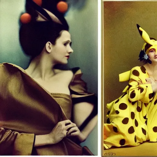 Image similar to elegant woman dressed up as pikachu, art photo by Annie Liebovitz and David Hamilton and Alphonse Mucha