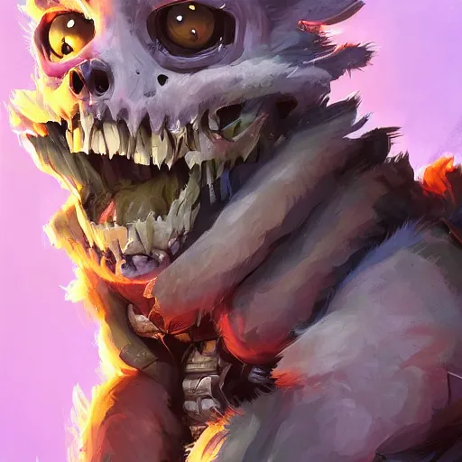 Prompt: cute fluffy animal skeleton creatures. hearthstone animal creatures, graveyard background, bright art masterpiece artstation. 8k, sharp high quality artwork in style of Jose Daniel Cabrera Pena and Greg Rutkowski, violet theme, concept art by Tooth Wu, hearthstone card game artwork