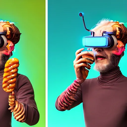 Image similar to Colour Photography of 1000 years old man with highly detailed 1000 years old face wearing higly detailed cyberpunk VR Headset designed by Josan Gonzalez. Man eating higly detailed hot-dog. In style of Josan Gonzalez and Mike Winkelmann andgreg rutkowski and alphonse muchaand Caspar David Friedrich. Rendered in Blender