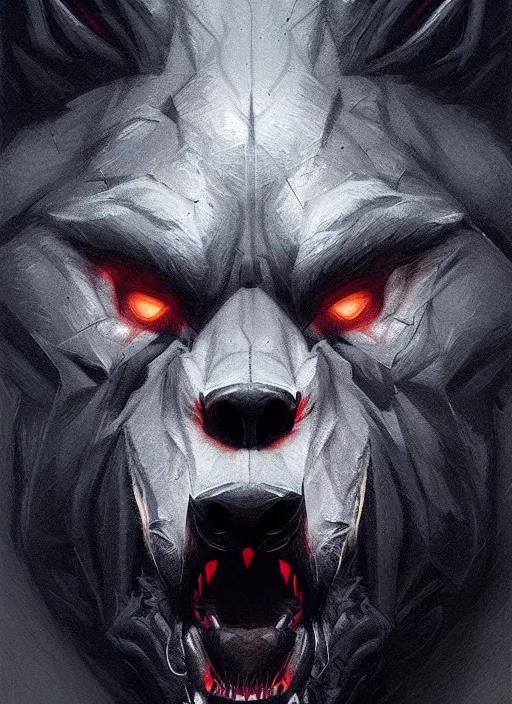 Image similar to symmetry!! portrait of dark grey werewolf, horror, night time lighting, intricate, scary, highly detailed, digital painting, artstation, concept art, smooth, sharp focus, illustration, art by greg rutkowski