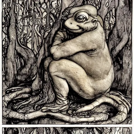 Image similar to toad philosopher toad in a pose The Thinker, swamp, by Auguste Rodin, by Irving Penn, illustrations by irish fairy tales james stephens arthur rackham, fairy tale illustrations, illustrations by Stephen Reid