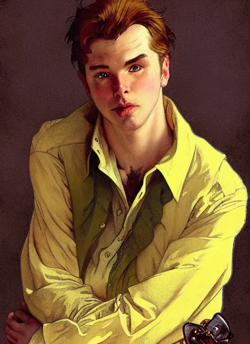 Prompt: beautiful portrait commission of a male Furry Anthro albino mountain lion Fursona wearing a yellow button-down shirt, olive green slacks in a old-timey western town. Atmospheric. Renowned character illustration by greg rutkowski, thomas kindkade, alphonse mucha, loish, norman rockwell. detailed, inked, western comic book art