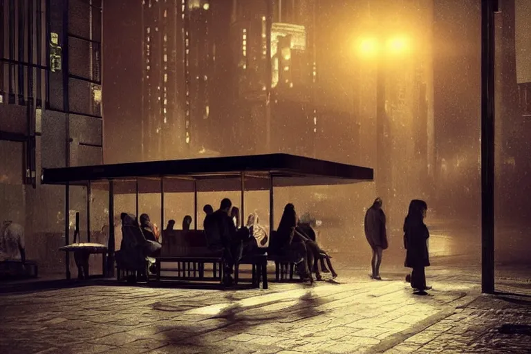 Image similar to the most amazing dream you ever had about some people waiting at lone bus stop in dark city night, hyper realistic, ambient lighting, concept art, intricate, hyper detailed, smooth, dynamic volumetric lighting, octane, cinematic