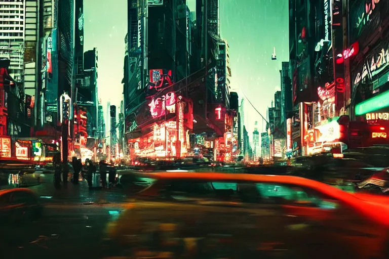 Image similar to cinematography of a busy cyberpunk city street by Emmanuel Lubezki