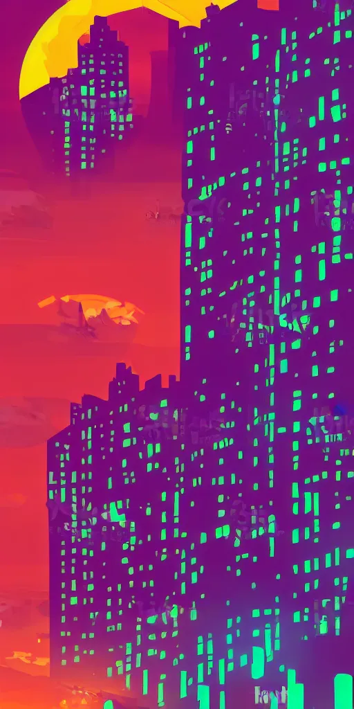 Prompt: a beautiful sunset, 2d minimalist vector art, high contrast neon cyberpunk palette, hd phone wallpaper