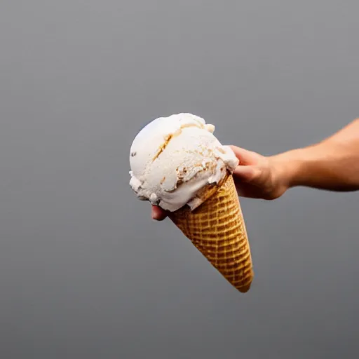 Prompt: a photograph of a dangerously bloated ice cream cone about to explode