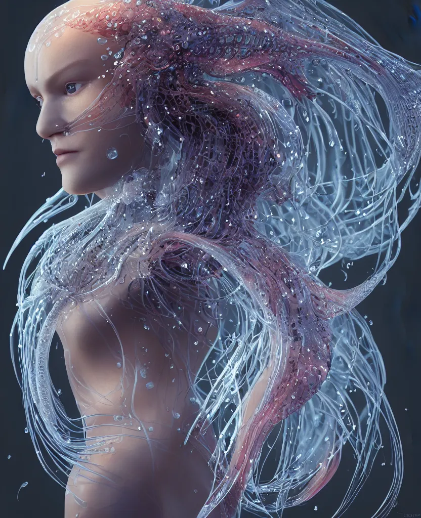 Image similar to close-up macro portrait of the face of a beautiful princess, epic angle and pose, symmetrical artwork, 3d with depth of field, blurred background, cybernetic jellyfish female face skull phoenix bird, translucent, nautilus, energy flows of water and fire. a highly detailed epic cinematic concept art CG render. made in Maya, Blender and Photoshop, octane render, excellent composition, cinematic dystopian brutalist atmosphere, dynamic dramatic cinematic lighting, aesthetic, very inspirational, arthouse. y Greg Rutkowski, Ilya Kuvshinov, WLOP, Stanley Artgerm Lau, Ruan Jia and Fenghua Zhong