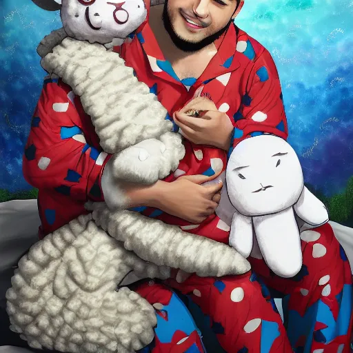 Image similar to Wakan Tanka from Tokyo Afterschool summoners wearing sheep patterned pajamas while snuggling with a sheep plushie, 4k, very detailed, painting