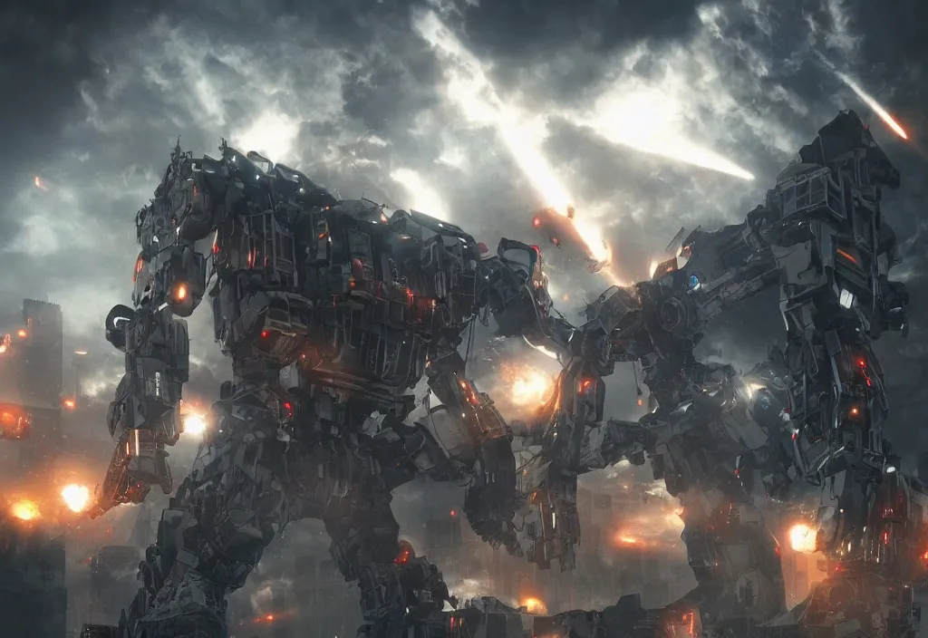 Image similar to mecha peronist destroying a city, photorealistic, film, cinematic lighting, octane tender, volumetric light, dark - art