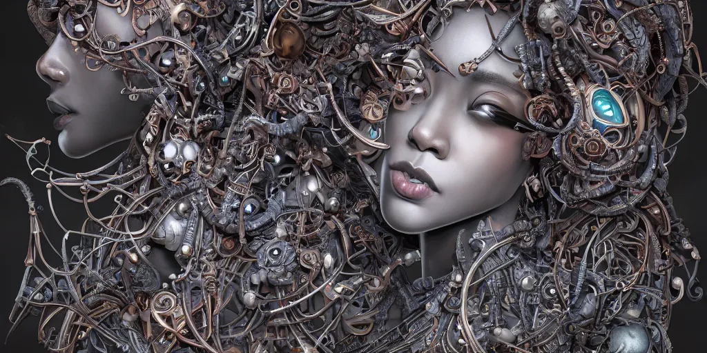 Prompt: hyperrealistic photography of a highly detailed and symmetrical gorgeous black female demigorgon deconstructing a poetry machine in the style of Jin Kagetsu, James Jean and wlop, highly detailed, face symmetry, masterpiece, award-winning, sharp focus, intricate concept art, ambient lighting, 8k, artstation