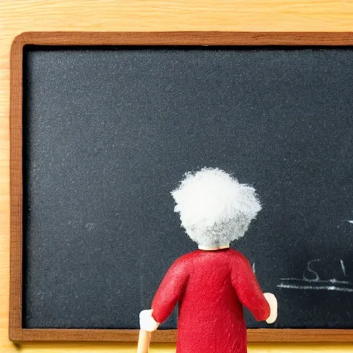 Image similar to claymation miniature scene of albert einstein standing in front of miniature blackboard with lots of mathematical formulas chalked on