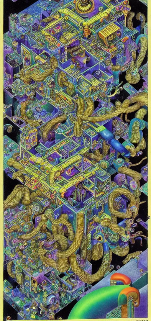 Prompt: mayan and persian man dissolving into cybernetic transhumanistic bio mechanical game console, basil wolverton, high detail, studio ghibli, mc escher, picasso, dali, muted but vibrant colors, cubism, gold speckles, rainbow tubing